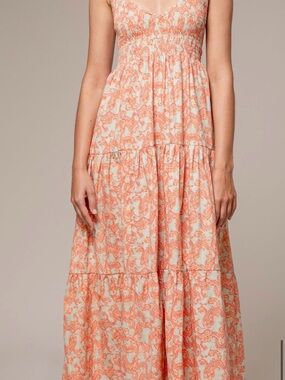 Lusana Thea Smocked Coral Print Maxi Dress‎ Like New!